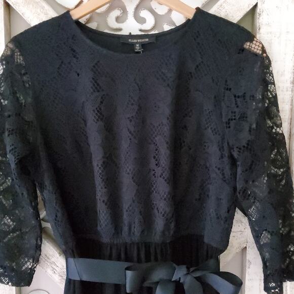 Ellen Weaver Women's Lace Top Overlay Ribbon Belt Maxi Dress in Black - Picture 7 of 14